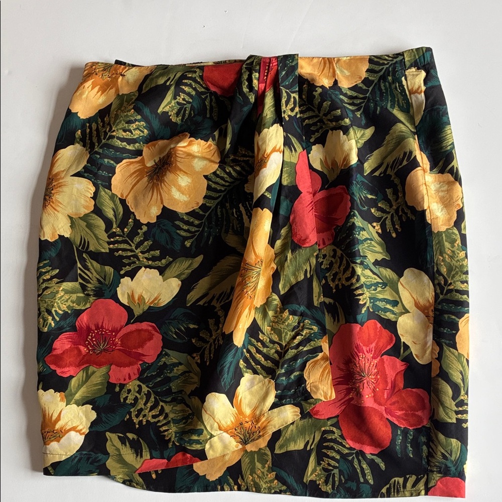 RAFAELLA Vintage Silk Wrap Skirt Tropical Floral Hibiscus - Size L